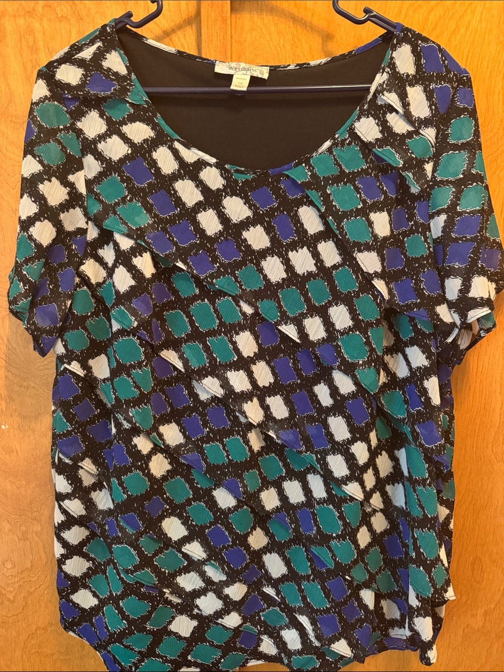 Women’s Geometric Print Short Sleeve Top - Blue/Teal/White